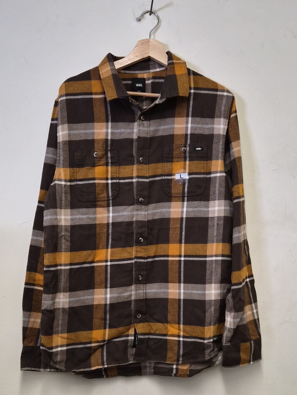 Vans Men's Brown & Mustard Plaid Long-Sleeve Button-Up Shirt Size L